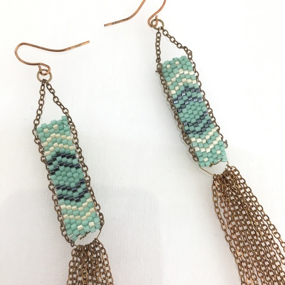 Boho Copper Green White Seed Bead Long Tassel Statement Dangle Earrings Tribal - Picture 5 of 8